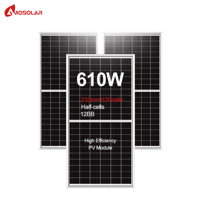 Amosolar 580W 590W 600W 610W Panel solar de corte medio con vidrio templado de hierro bajo de 3.2 mm