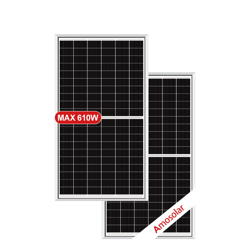 Amosolar 580W 590W 600W 610W Panel solar de corte medio con vidrio templado de hierro bajo de 3.2 mm